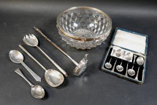 A Georg Jensen sterling silver spoon 16.5 cm long, a boxed set of six silver coffee spoons, a coin