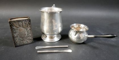 A group of Victorian and later silver, comprising a brandy pourer with ebony handle, George Nathan &