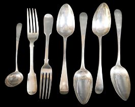 Six pieces of George III and later Scottish and Irish silver flatware, including Table spoons