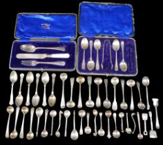 A collection of over thirty silver salt spoons, a part silver spoon set, six silver tea spoons and a