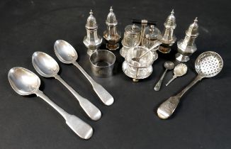 A group of William IV and later silver, including a William IV sifting spoon, William Chawner II,