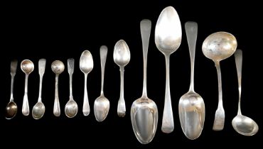 A collection of assorted Georgian silver flatware, including a George III sauce ladle, William &