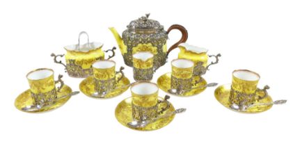 A Victorian Staffordshire china and silver-mounted porcelain tea / coffee service, decorated with