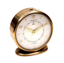 A Cartier Memovox style travel alarm clock, with Arabic and golden baton dial, inner alarm dial, 8