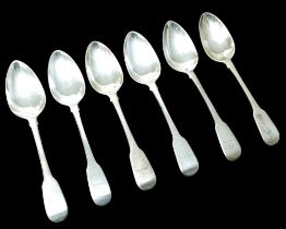 Six George III table spoons, comprising six fiddle pattern table spoons, with armorial crest to