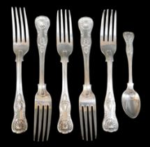 Six pieces of Victorian Kings pattern flatware, including a set of four forks, Mary Chawner,