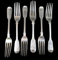 Six William IV and later fiddle pattern table forks, including three William IV, James Beebe, London