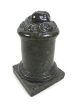 A good Connemara marble statue base with "Wind" on a turned column, 10cm by 10cm by 18cm tall