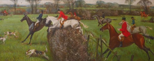 Frederick Charles Herrick (British, 1887-1970): English hunt scene with riders jumping a fence oil