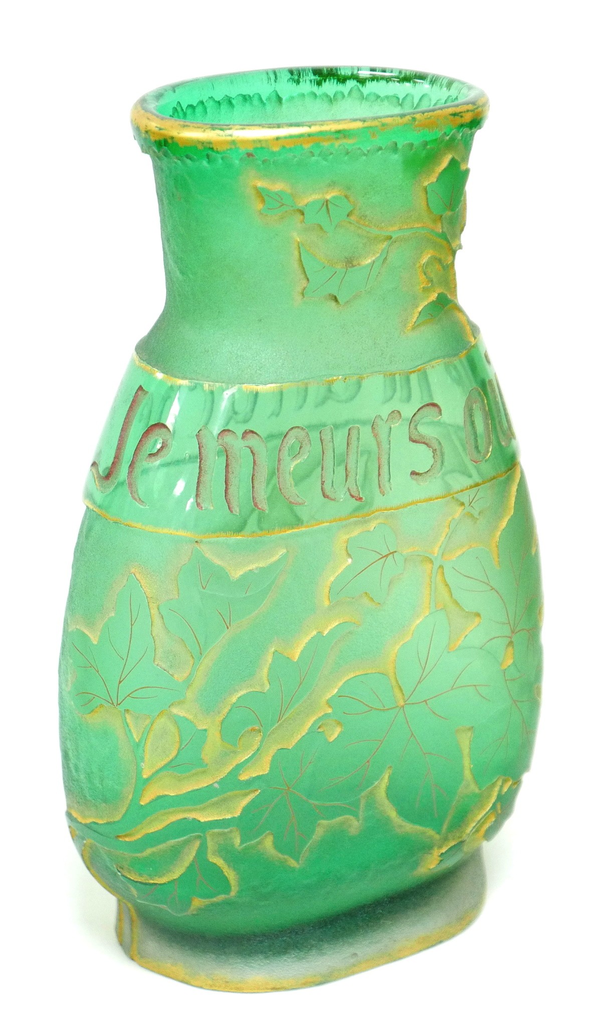 A Daum Freres green glass vase circa 1890 with the motto "Je Meurs ou je m'attache" (I die where I - Image 2 of 5