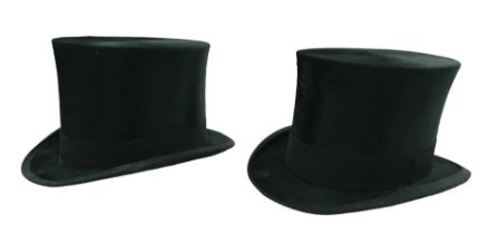 Two vintage top hats, comprising a Henry Heath hat, inner radius approximately 56cm, with fitted