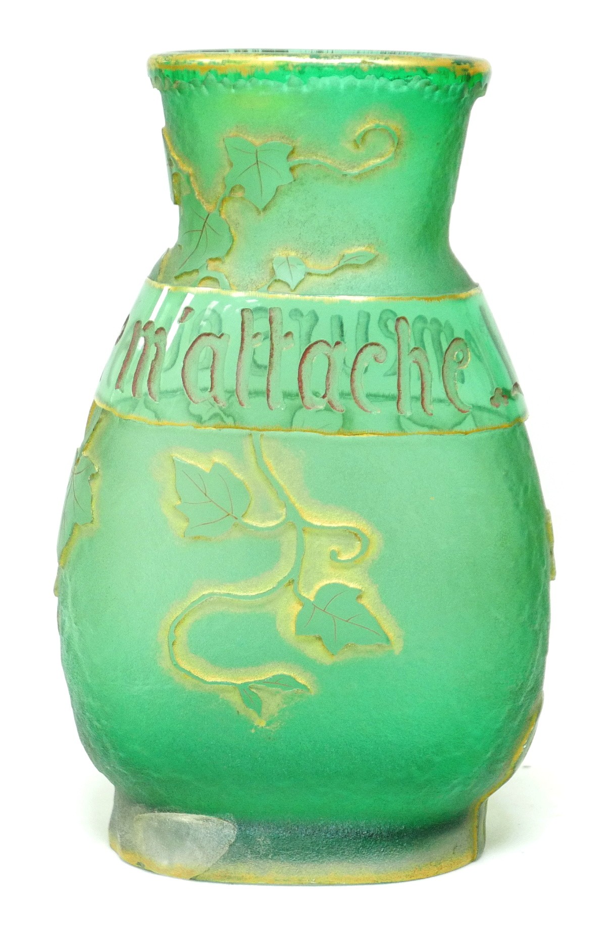 A Daum Freres green glass vase circa 1890 with the motto "Je Meurs ou je m'attache" (I die where I - Image 3 of 5