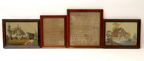 A collection of four needlework panels, comprising two 19th century samplers, larger signed Ann