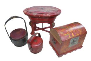 A Chinese red lacquer container on stand 53 by 40 by 43, with dome top box and two basket