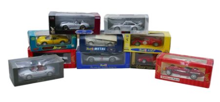 Eight 1/18 scale die-cast model sports cars, including eight 1/18 scale models, a Revell '