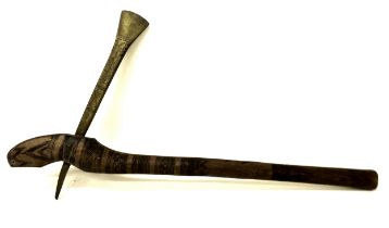Ethnographic / Tribal interest: a brass bladed African adze, the hardwood haft handle carved with