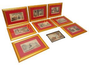 Eight Doctor Syntax by Rowlandson humorous prints in gilt frames 35cm by 26cm and a smaller print (