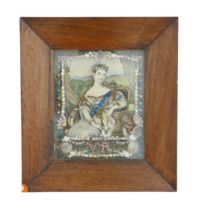 An shell collage of the young Queen Victoria in rosewood frame, with interesting inscription