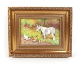 Francis Clark (Royal Worcester artist): a painted plaque, depicting a donkey, two chicken and two