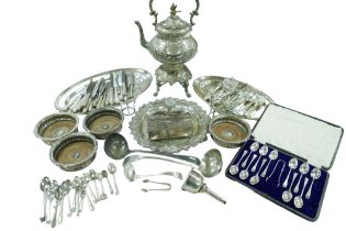 A collection of silver plate, including a spirit kettle with bird surmount and presentation