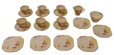 A vintage Art Deco style tea set by Tamsware, decorated in the 'Woodland' pattern with stylized