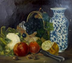 Continental School (20th century): still life with a basket of fruit and a blue and white vase,