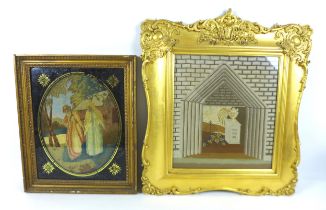 A Victorian memorial needlepoint in an ornate gilt frame and a Victorian woodwork and silk