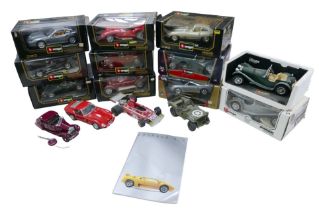 Ten Burago 1/18 scale die-cast sports car models, including a 'Porsche 356 Coupe (1961)' and a '