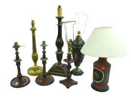 A collection of seven country house table lamps, to include a pair of mahogany and ormolu lamps 40cm