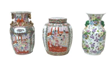 A group of three modern Chinese porcelain vases, two of baluster form with twin handles, 16 by 35.