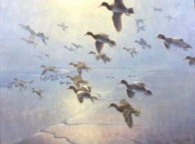 Julian Novorol (b.1949) oil on canvas wild fowl in flight, dated 2000, frame size 76cm by 61cm. Good