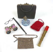 A pair of Opera glasses, Lorgnettes, two Opera bags , a pocket telescope and a perfume bottle (6)