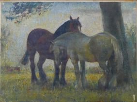 Frederick Charles Herrick (British, 1887-1970): a study of two horses under a tree, oil on paper,