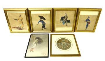 A set of four Chinese painted pictures, depicting figures at various pursuits, 26 by 24cm, in gold