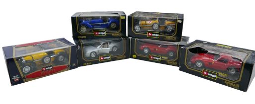 Six 1/1 8 scale die cast Burago model sports cars, including a 'Special Collection Bugatti "Type 59"