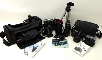 Photographic interest: a quantity of assorted cameras and accessories, including EOS Canon 650