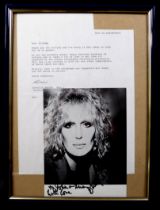 Dusty Springfield: a signed photo and letter, 34 by 21cm, framed, 36 by 27cm.