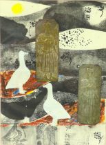 British School (20th century): 'Two Geese', abstract mixed media print on paper, with collage to