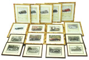 Sixteen black and white prints of early 20th century classic cars, predominantly of Rolls Royces,