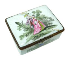 An early 19th century Bilston style porcelain and enamel trinket box, hand painted decoration