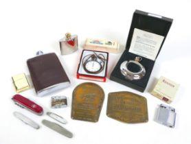A group of collectables, including a vintage Heuer stopwatch, boxed, two hip flasks, several