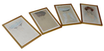 Four mid 20th century prints of a Belle Epoque ladies, all 32 by 19.5cm, mounted glazed and