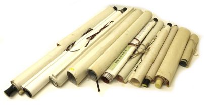 A collection of ten Oriental and Chinese decorative wall hanging scrolls various sizes.