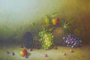 L. Skinner (20th century): still life with fruit and basket oil on canvas, signed, 60 by 90cm,