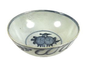 A Chinese porcelain bowl, Ming period, decorated in underglaze blue internally with a bird in the