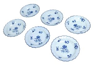 A set of six 18th century Worcester scallop edge bowls with blue posy design, present mark to base