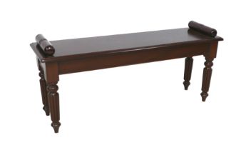 A modern mahogany carpenter made Victorian style window seat, raised on turned reeded legs, 110 by