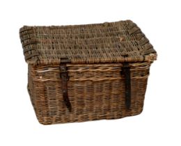 A vintage wicker hamper, with brown leather straps, 65 by 44 by 39cm high.