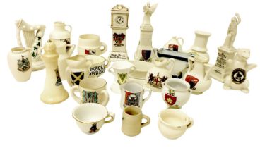 A collection of crested ware, including clock, harp, cups, vases, and bear. (1 box)