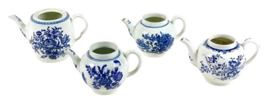 A group of four 18th century Worcester teapots, with blue and white hand painted floral